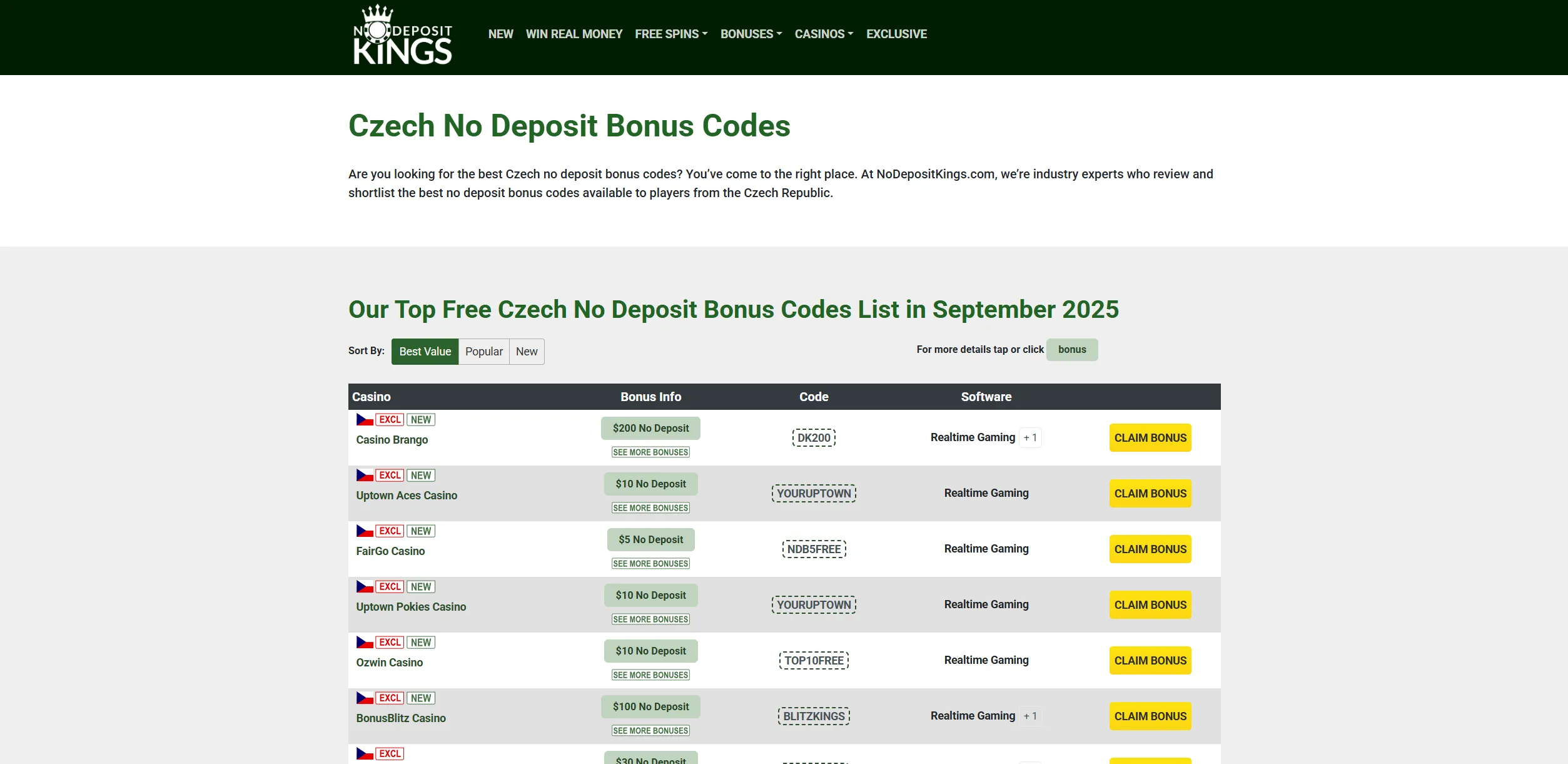 Screenshot of Nodepositkings.com - Best Czech No Deposit Bonus Codes